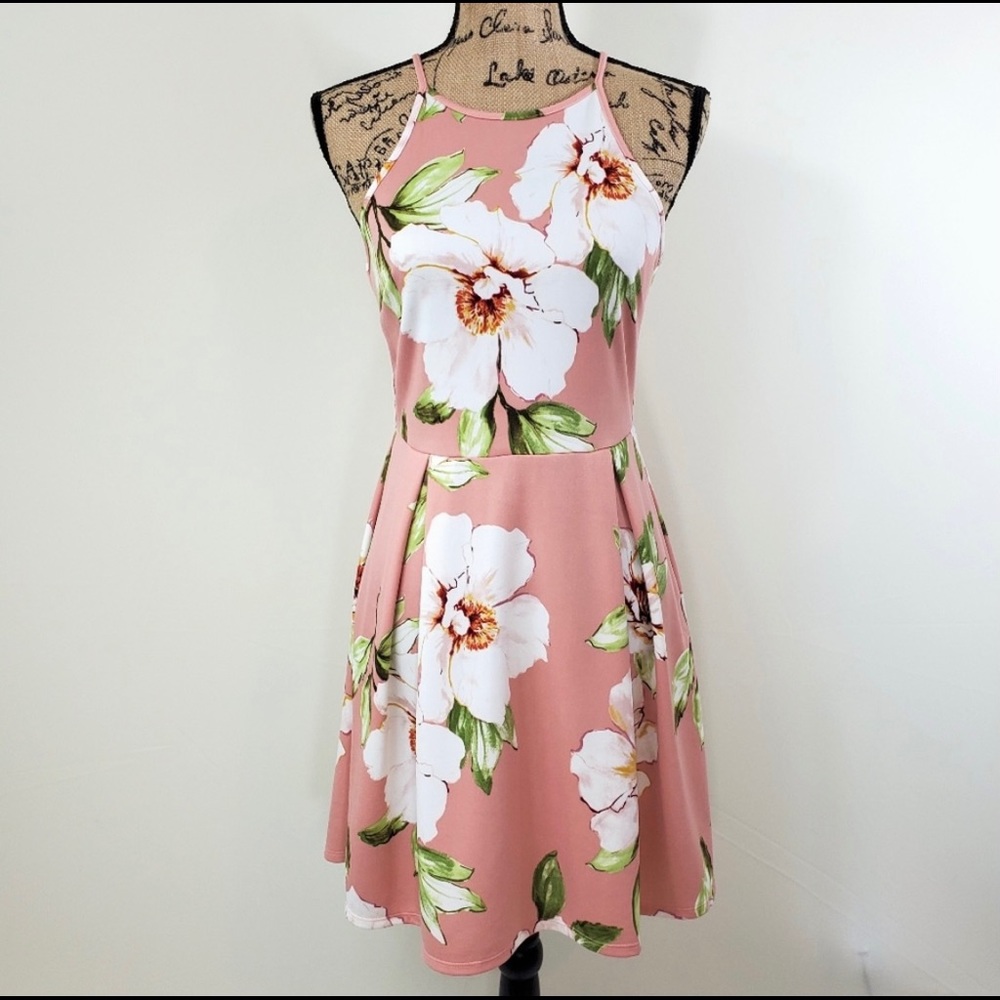 MONTEAU Pink Floral Scuba Skater Dress Size M